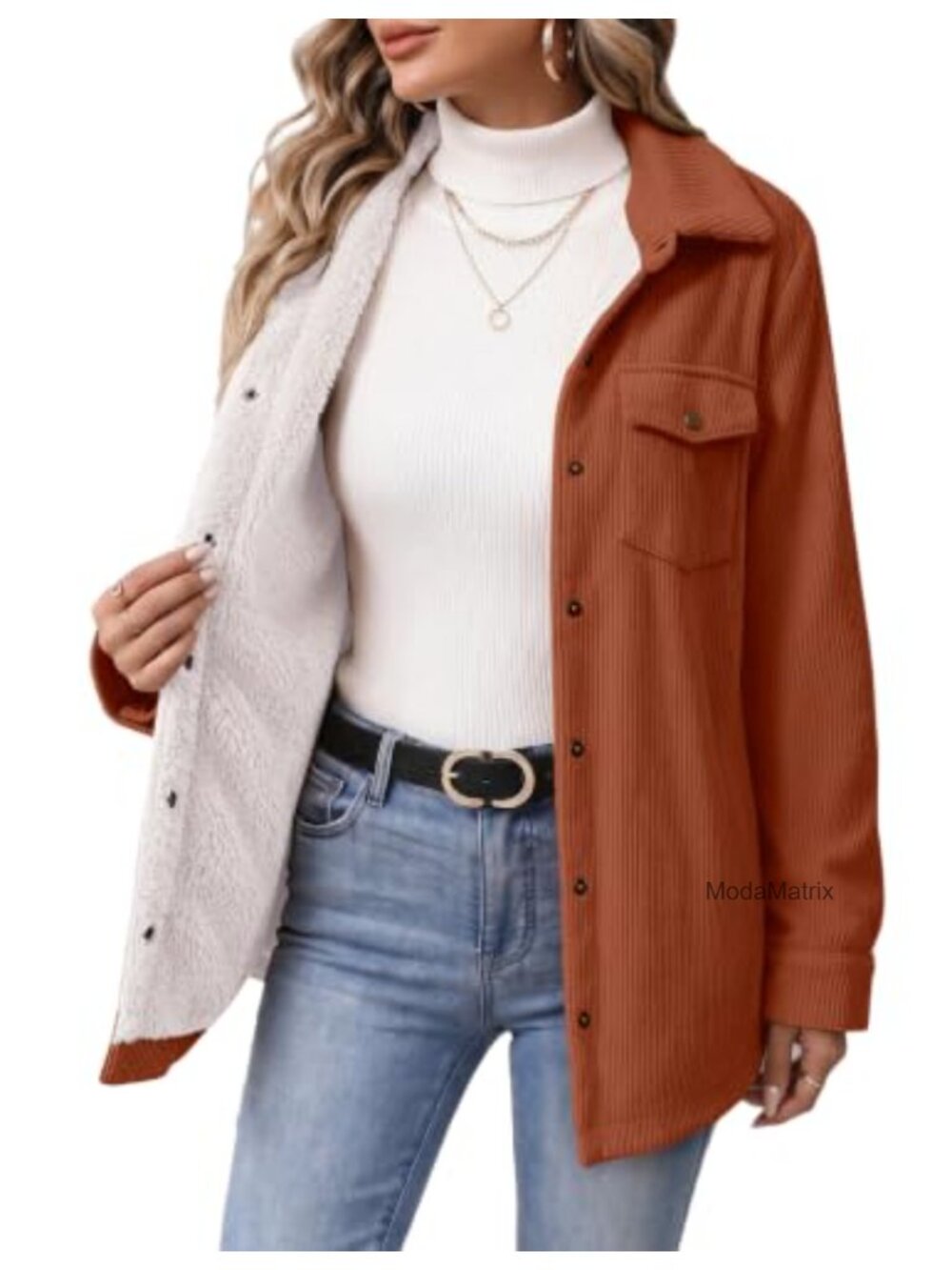 Corduroy Shacket Fleece Lined Snap Casual Fall Coat Long Sleeve